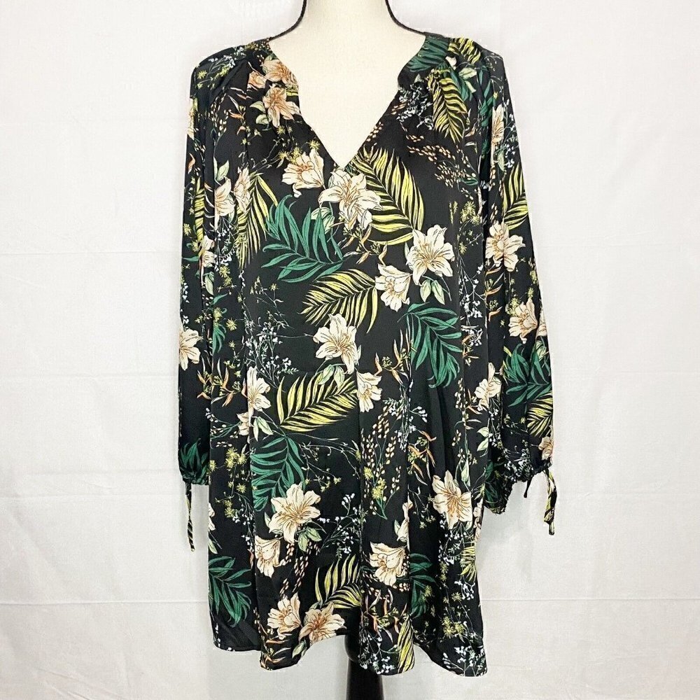 Suzanne Betro Floral Tunic Top 3/4 Tie Sleeve Notch Neckline Size 1X